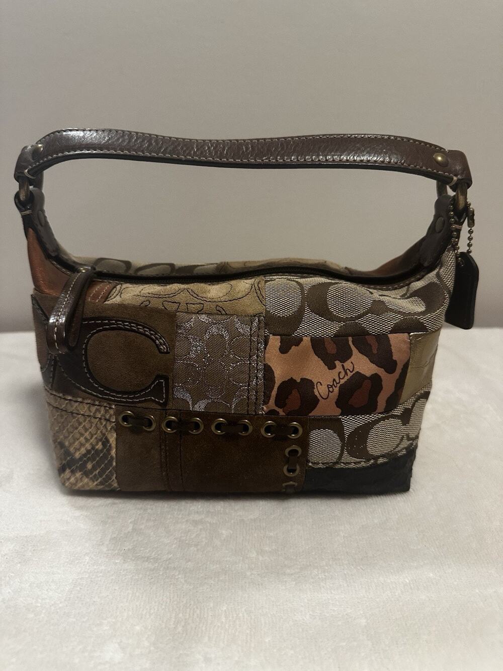 Vintage Coach Y2K Patchwork Shoulder Bag Brown Signature Leopard Mini Hobo Bag